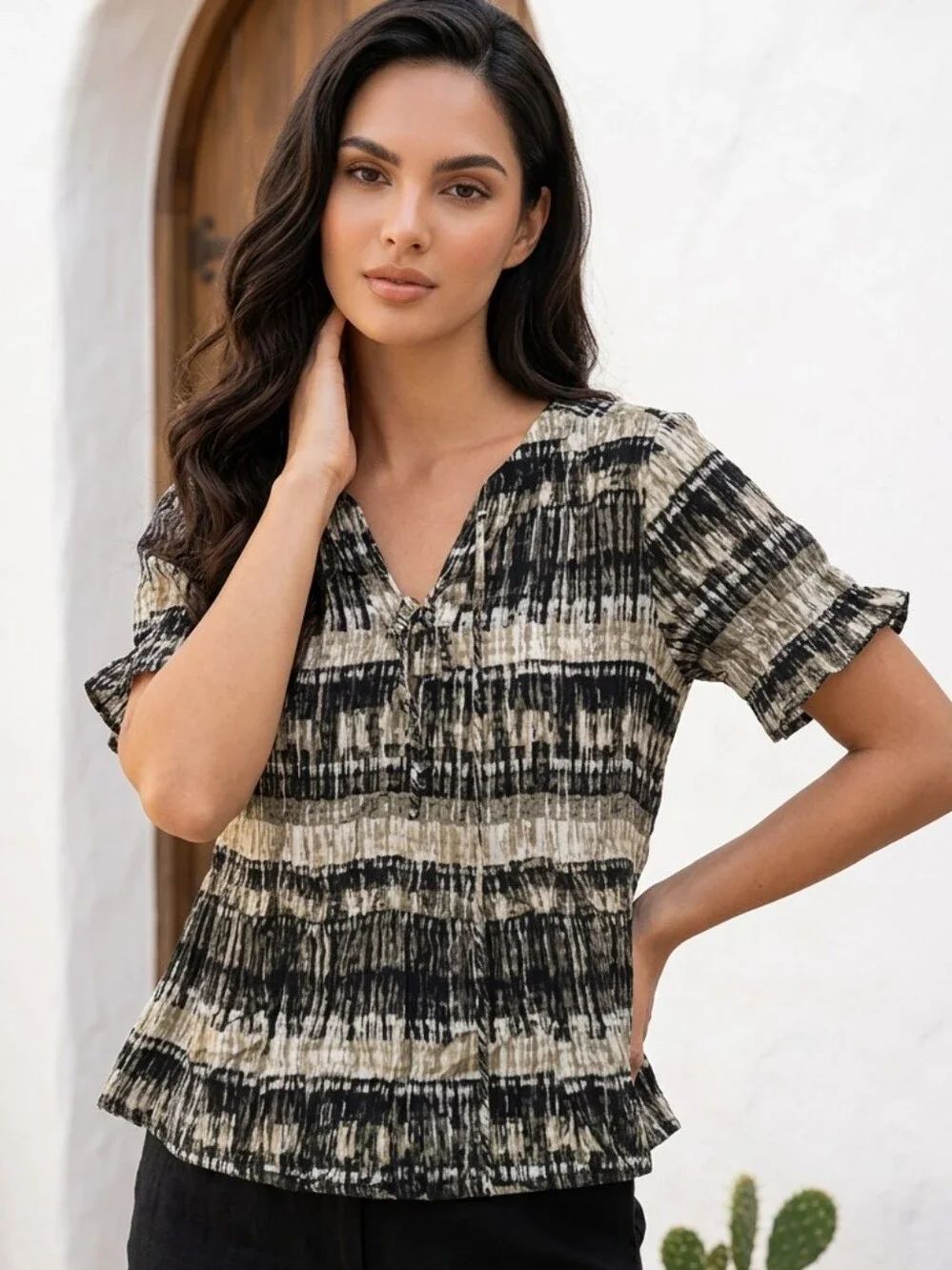 Cato Abstract Stripe Lace Up Blouse Pintuck Pleated V Neck Short Sleeve Top Smal